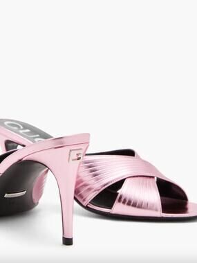 Gucci | Betsy Crossover Mules in Metallic Pink Leather Stiletto Sandals 38